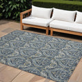 9 X 12 Blue and Cream Damask Washable Non Skid Indoor Outdoor Area Rug