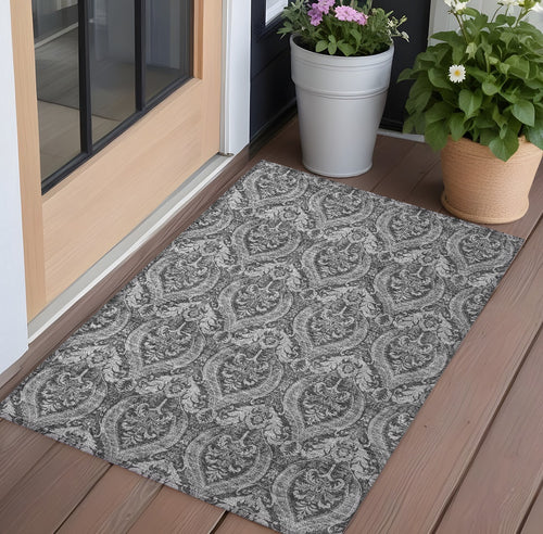 2 X 3 Gray Damask Washable Non Skid Indoor Outdoor Area Rug