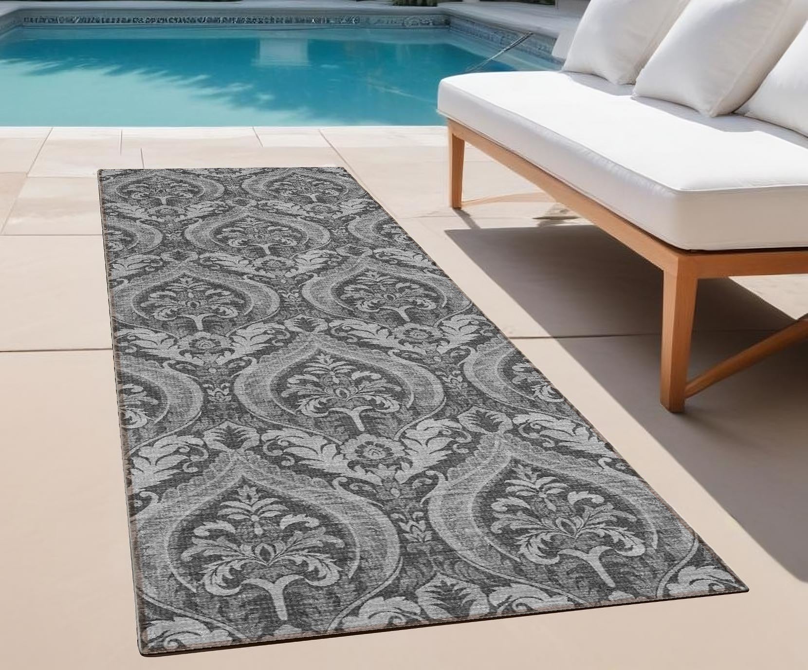 8 Runner Gray Damask Washable Non Skid Indoor Outdoor Runner Rug