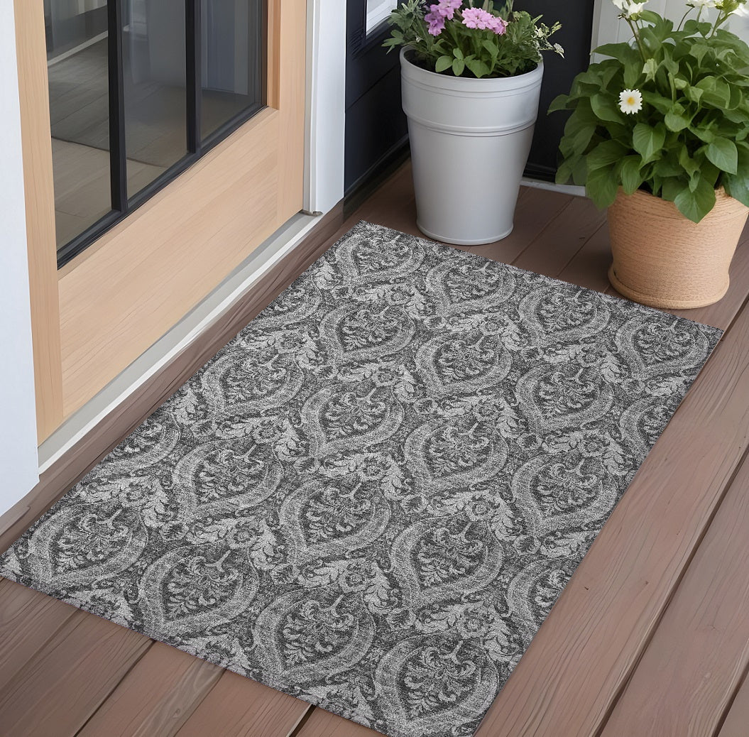 3 X 5 Gray Damask Washable Non Skid Indoor Outdoor Area Rug