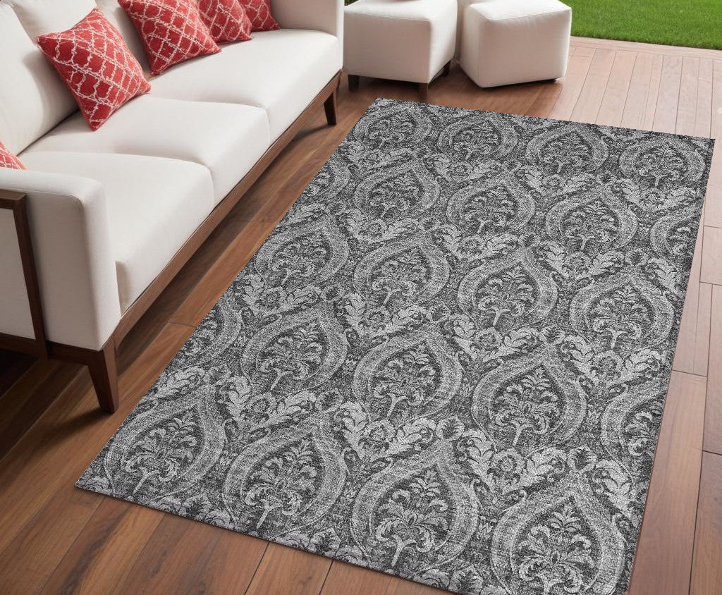 5 X 8 Gray Damask Washable Non Skid Indoor Outdoor Area Rug