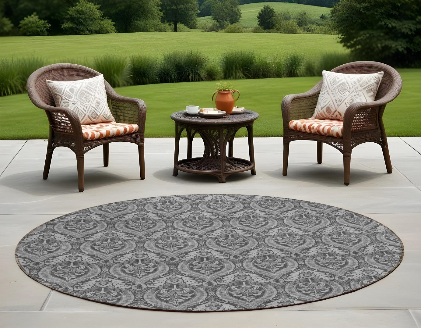 8 Round Gray Round Damask Washable Non Skid Indoor Outdoor Area Rug