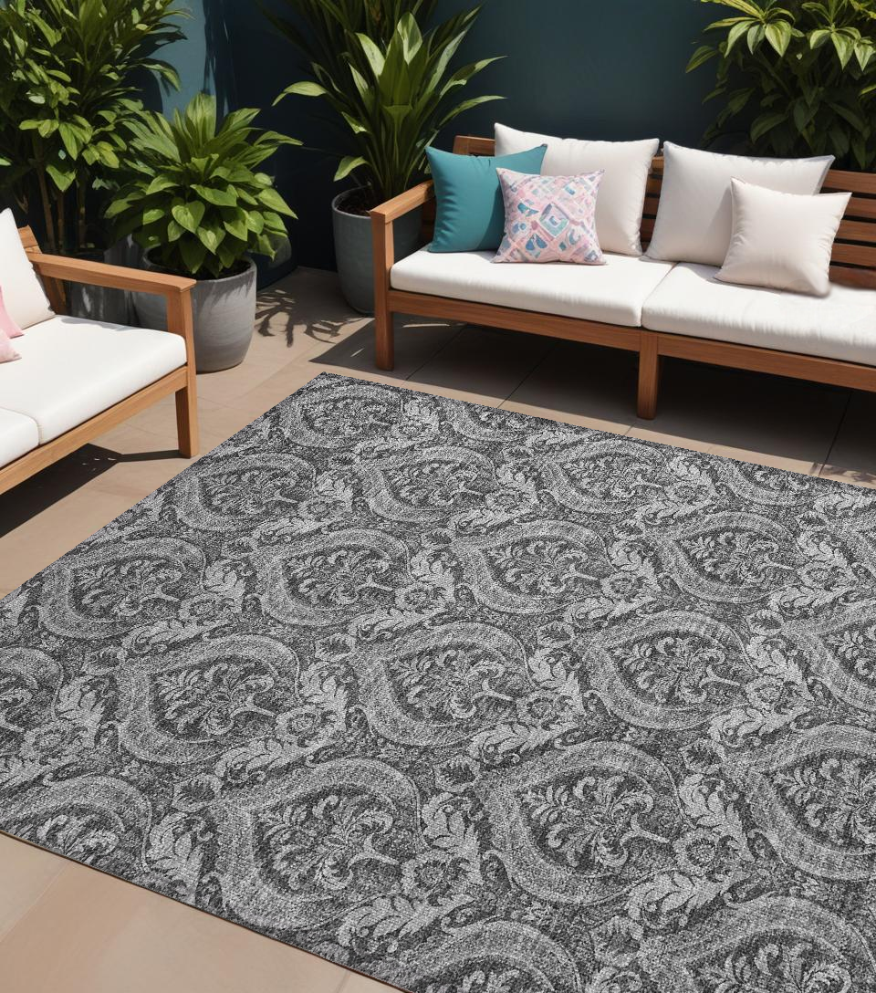 8 X 10 Gray Damask Washable Non Skid Indoor Outdoor Area Rug