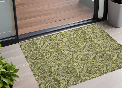 2 X 3 Green Damask Washable Non Skid Indoor Outdoor Area Rug