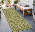 8 Runner Green Damask Washable Non Skid Indoor Outdoor Runner Rug