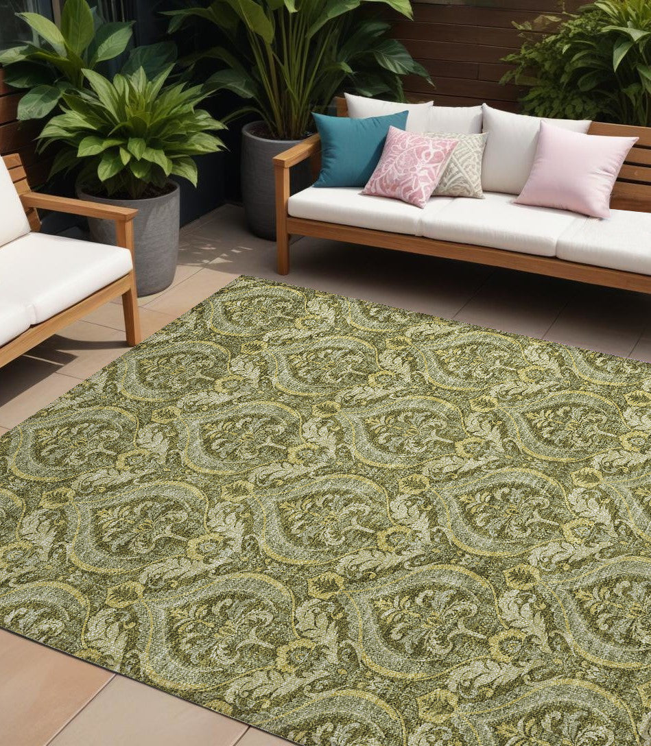 8 X 10 Green Damask Washable Non Skid Indoor Outdoor Area Rug