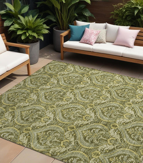 10 X 14 Green Damask Washable Non Skid Indoor Outdoor Area Rug