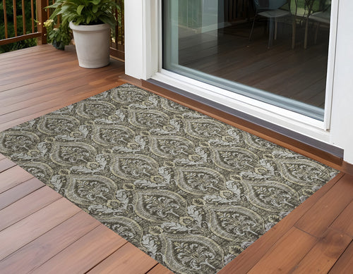 2 X 3 Taupe and Beige Damask Washable Non Skid Indoor Outdoor Area Rug