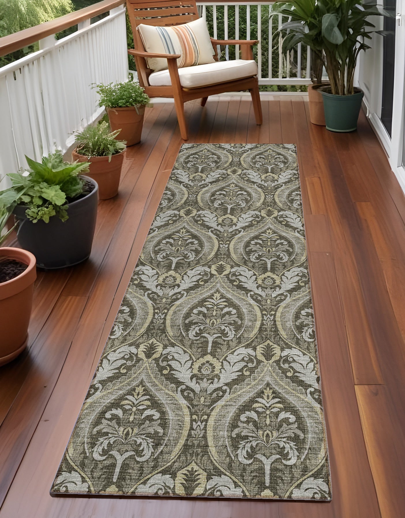 8 Runner Taupe and Beige Damask Washable Non Skid Indoor Outdoor Runner Rug
