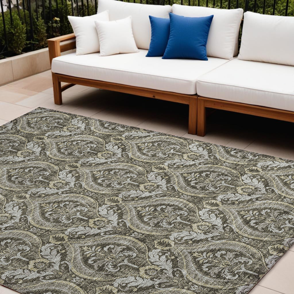 8 X 10 Taupe and Beige Damask Washable Non Skid Indoor Outdoor Area Rug