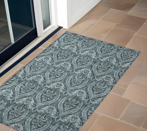 2 X 3 Teal Damask Washable Non Skid Indoor Outdoor Area Rug
