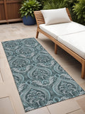 8 Runner Teal Damask Washable Non Skid Indoor Outdoor Runner Rug
