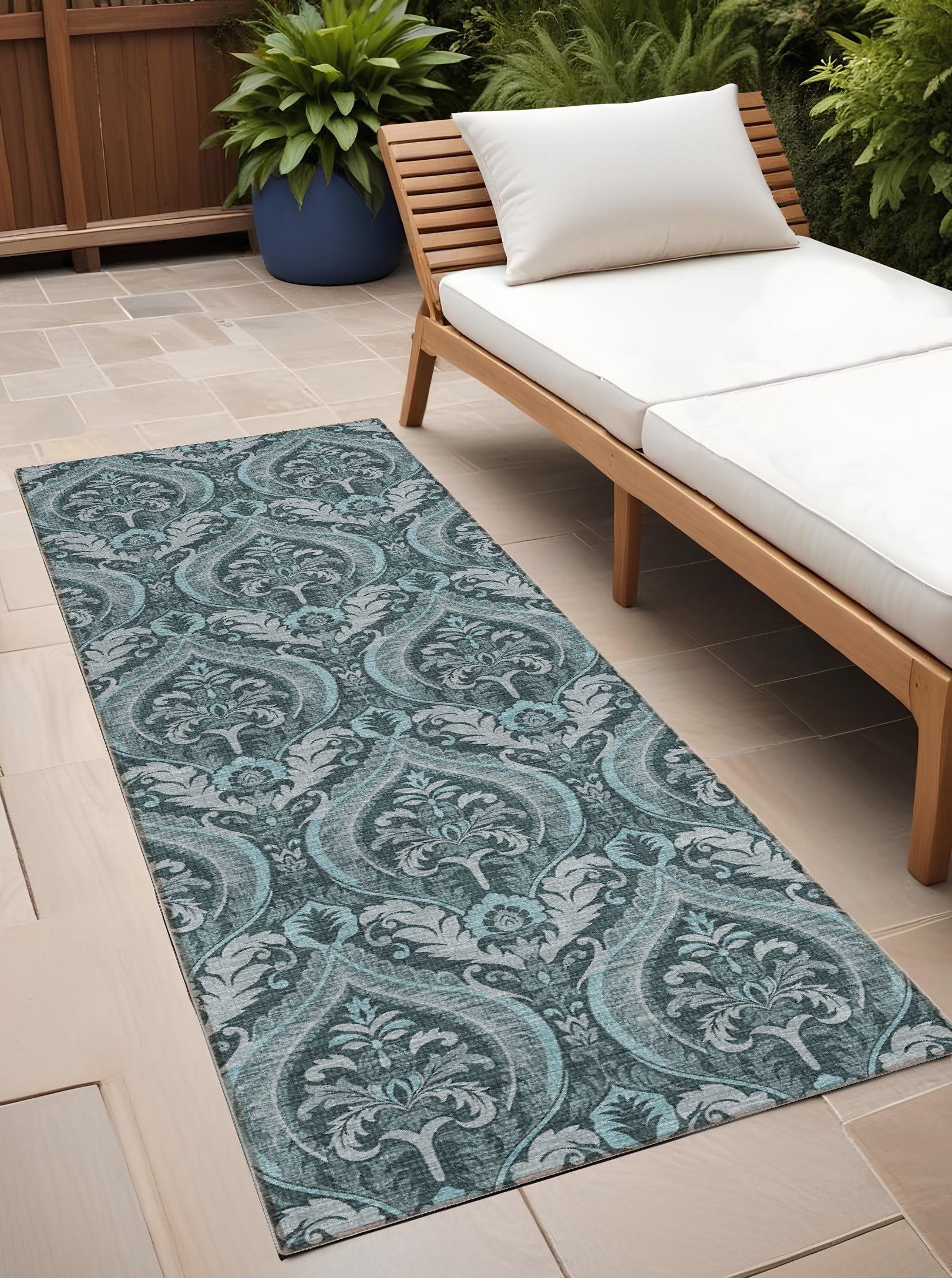 8 Runner Teal Damask Washable Non Skid Indoor Outdoor Runner Rug