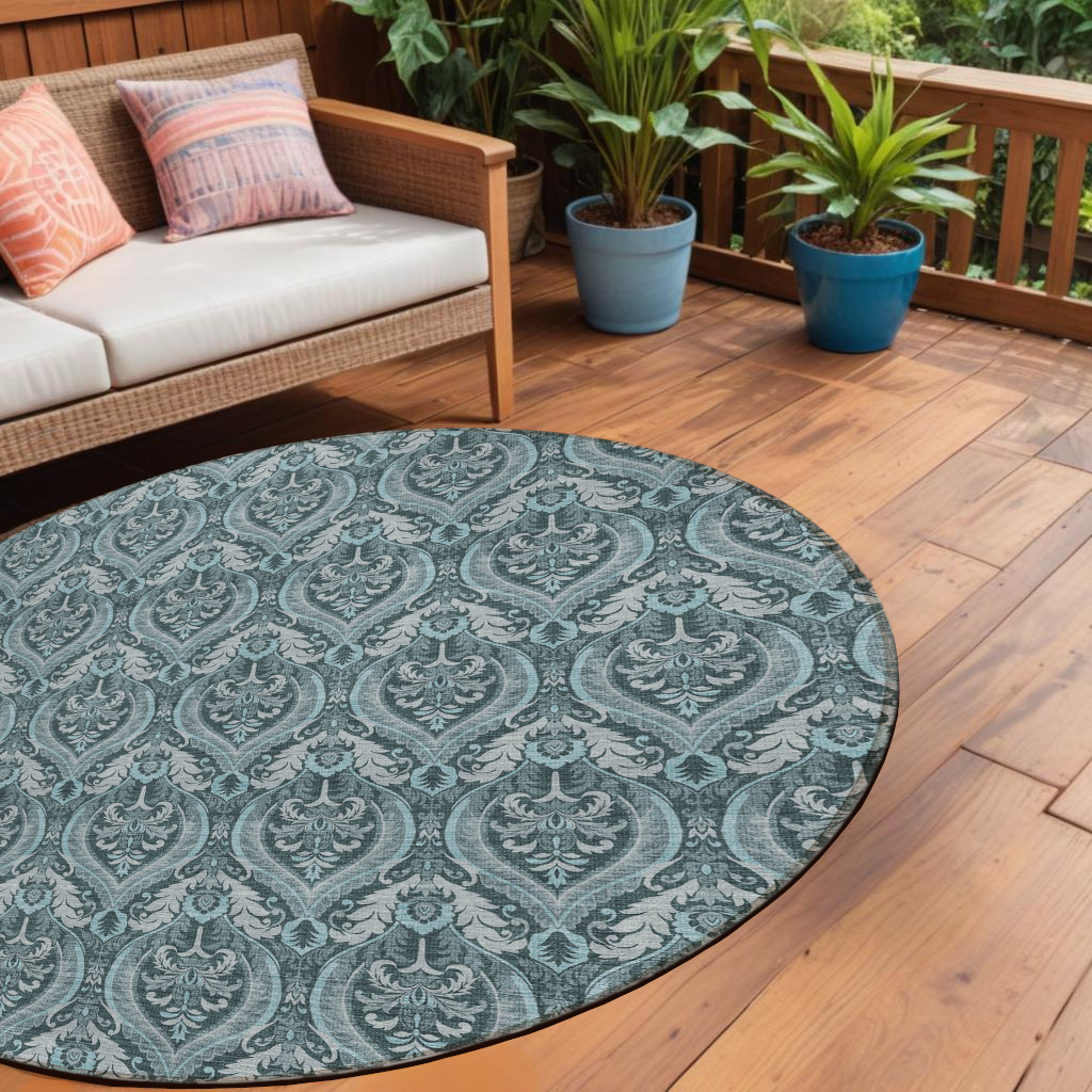 8 Round Teal Round Damask Washable Non Skid Indoor Outdoor Area Rug
