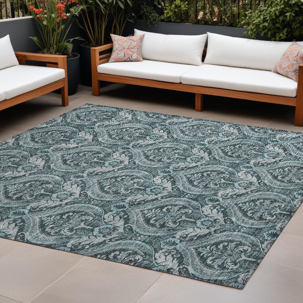 8 X 10 Teal Damask Washable Non Skid Indoor Outdoor Area Rug