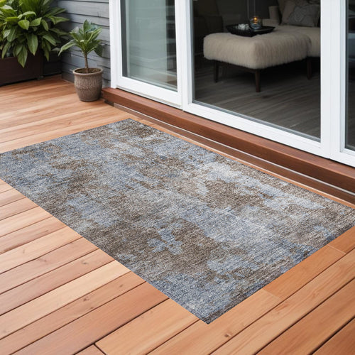 2 X 3 Mocha and Blue Abstract Washable Non Skid Indoor Outdoor Area Rug