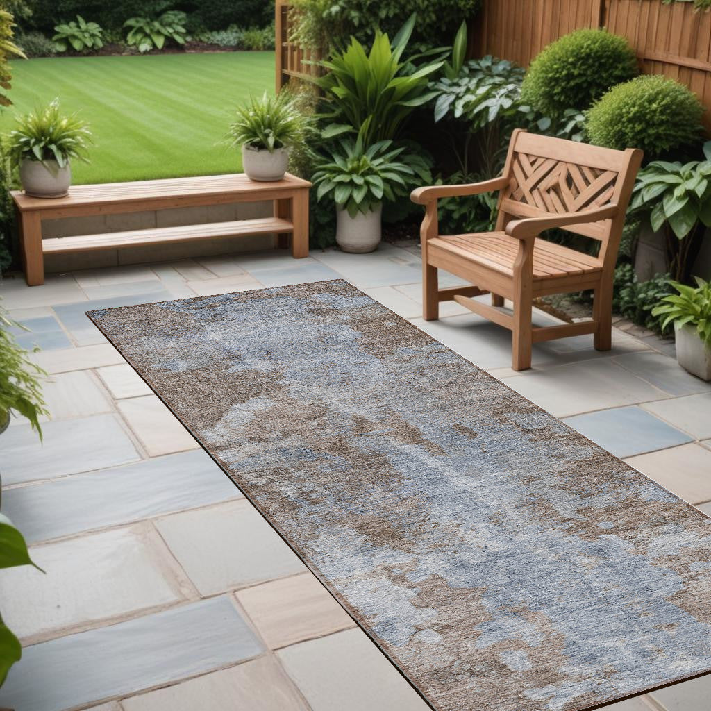 8 Runner Mocha and Blue Abstract Washable Non Skid Indoor Outdoor Runner Rug