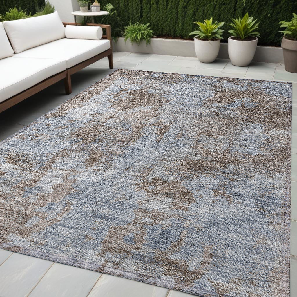 5 X 8 Mocha and Blue Abstract Washable Non Skid Indoor Outdoor Area Rug