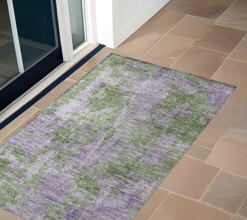 2 X 3 Green and Purple Abstract Washable Non Skid Indoor Outdoor Area Rug