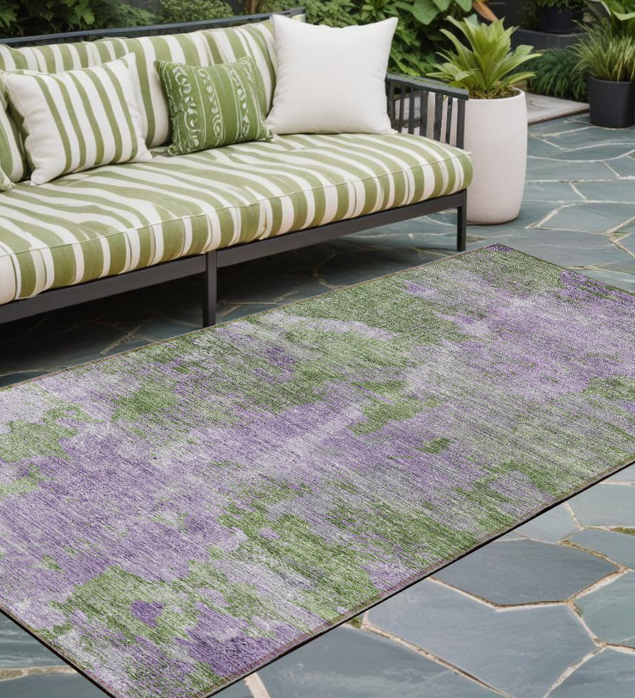 8 Runner Green and Purple Abstract Washable Non Skid Indoor Outdoor Runner Rug