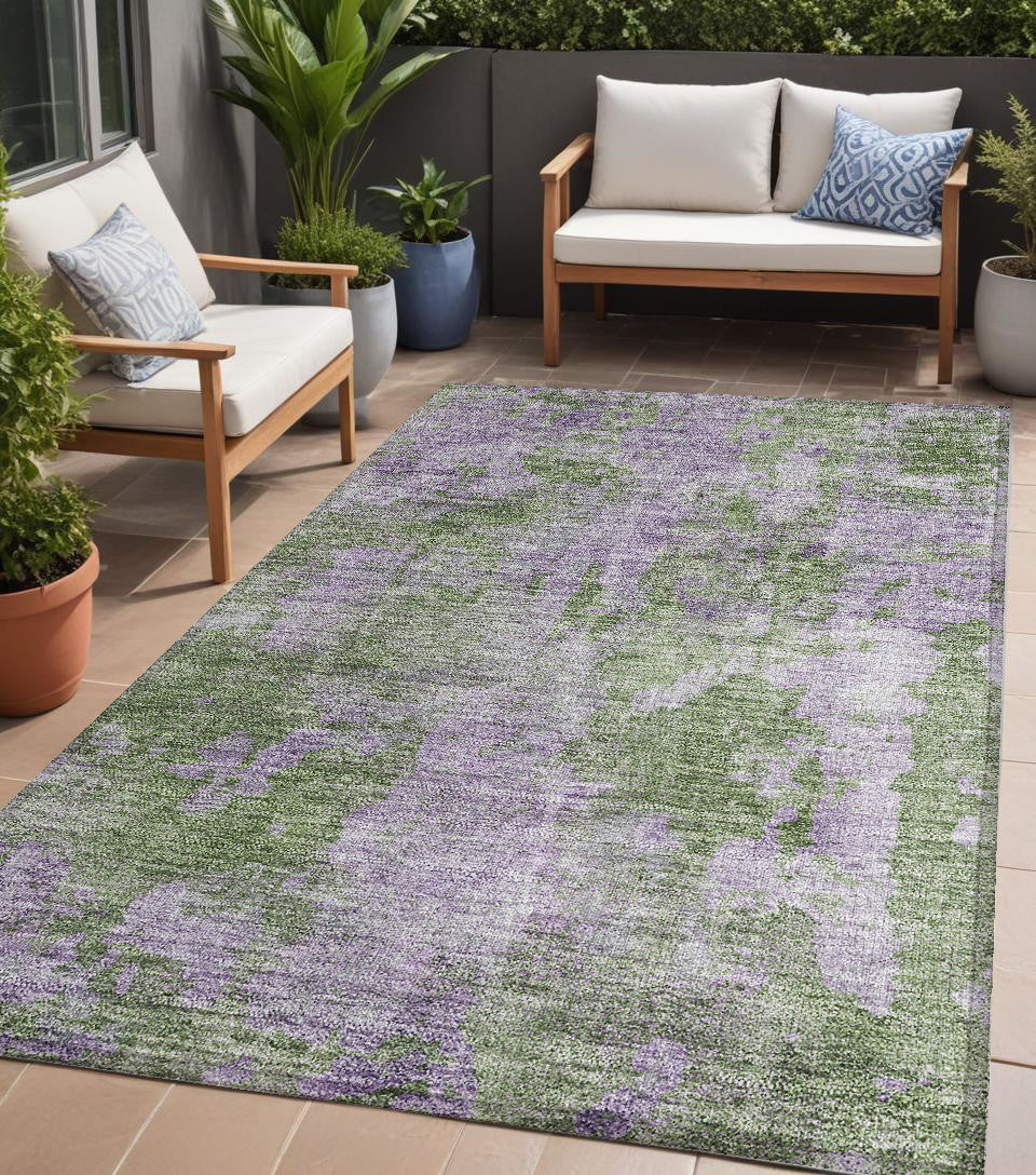 5 X 8 Green and Purple Abstract Washable Non Skid Indoor Outdoor Area Rug