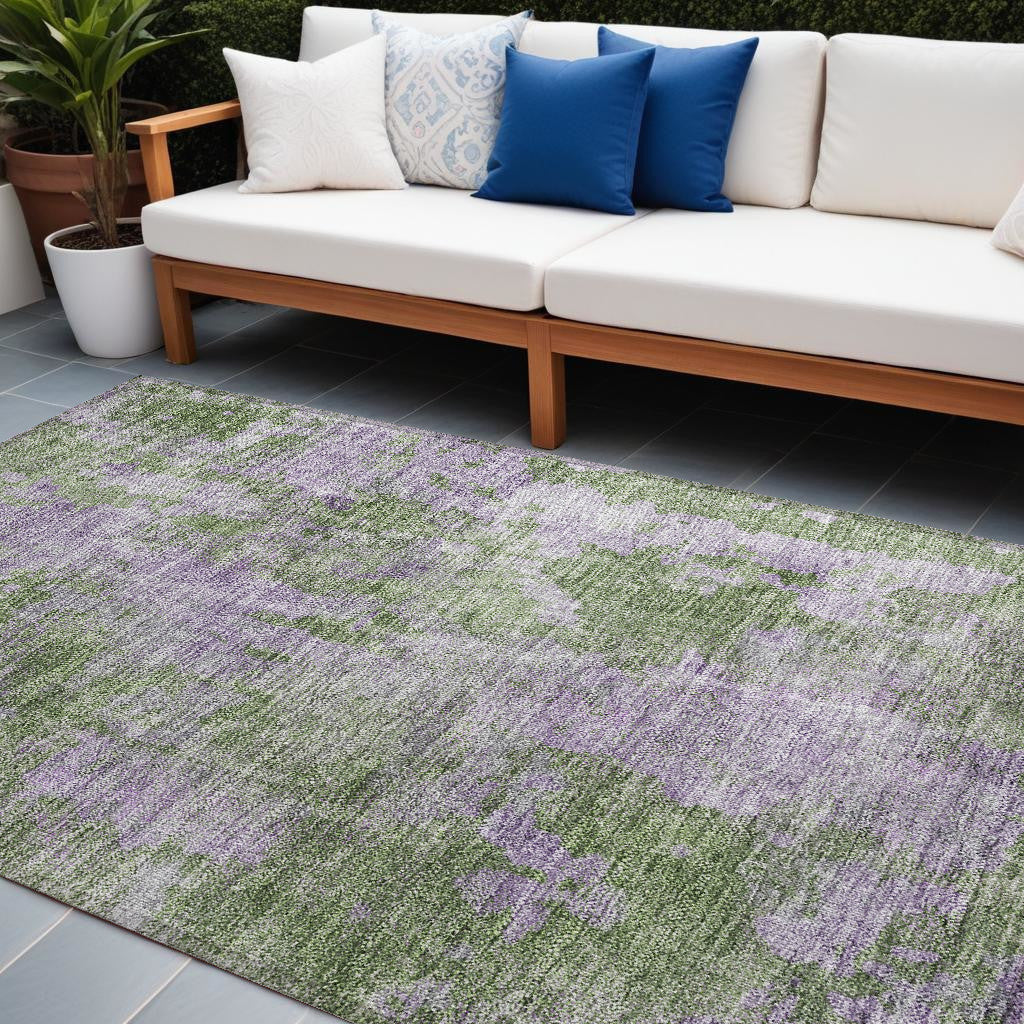 10 X 14 Green and Purple Abstract Washable Non Skid Indoor Outdoor Area Rug