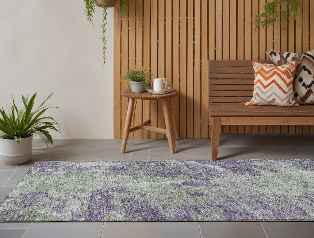 8 Runner Purple and Green Abstract Washable Non Skid Indoor Outdoor Runner Rug