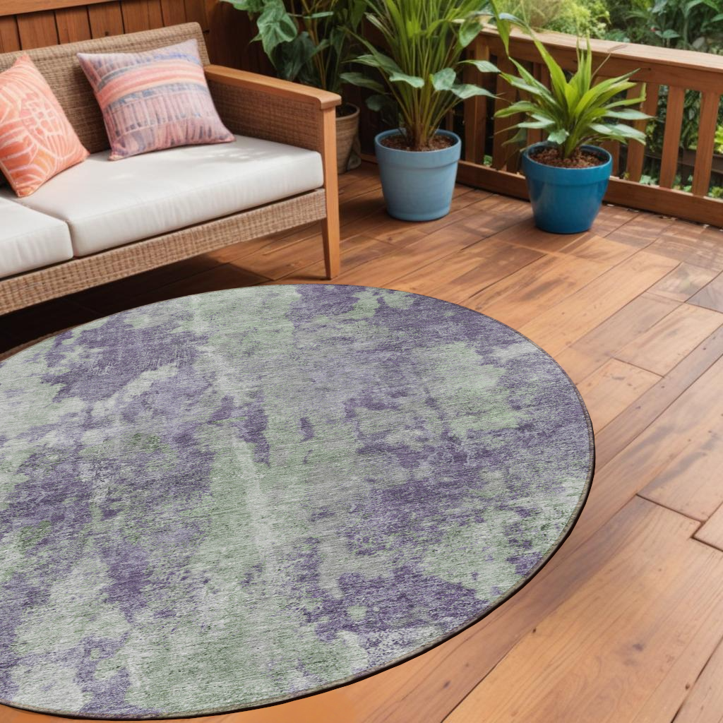8 Round Purple and Green Round Abstract Washable Non Skid Indoor Outdoor Area Rug