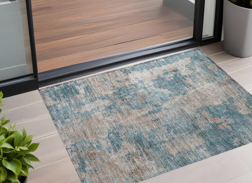 2 X 3 Teal and Taupe Abstract Washable Non Skid Indoor Outdoor Area Rug