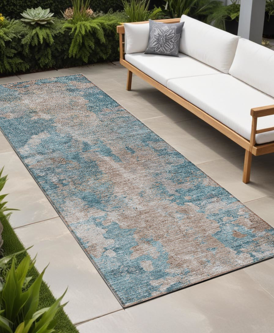 8 Runner Teal and Taupe Abstract Washable Non Skid Indoor Outdoor Runner Rug
