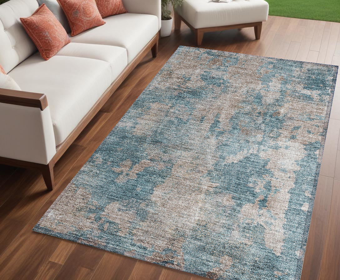 5 X 8 Teal and Taupe Abstract Washable Non Skid Indoor Outdoor Area Rug
