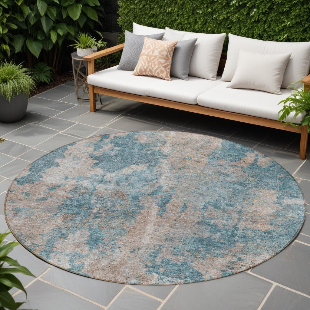8 Round Teal and Taupe Round Abstract Washable Non Skid Indoor Outdoor Area Rug