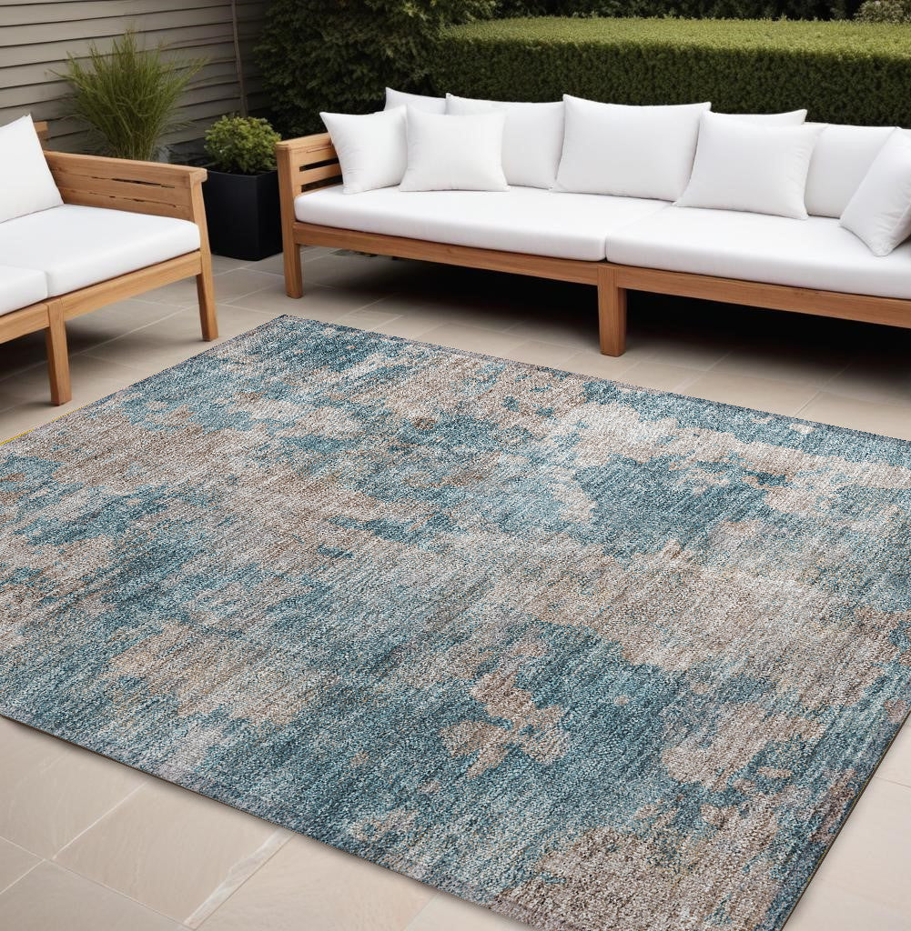 9 X 12 Teal and Taupe Abstract Washable Non Skid Indoor Outdoor Area Rug