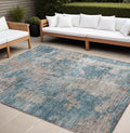 10 X 14 Teal and Taupe Abstract Washable Non Skid Indoor Outdoor Area Rug