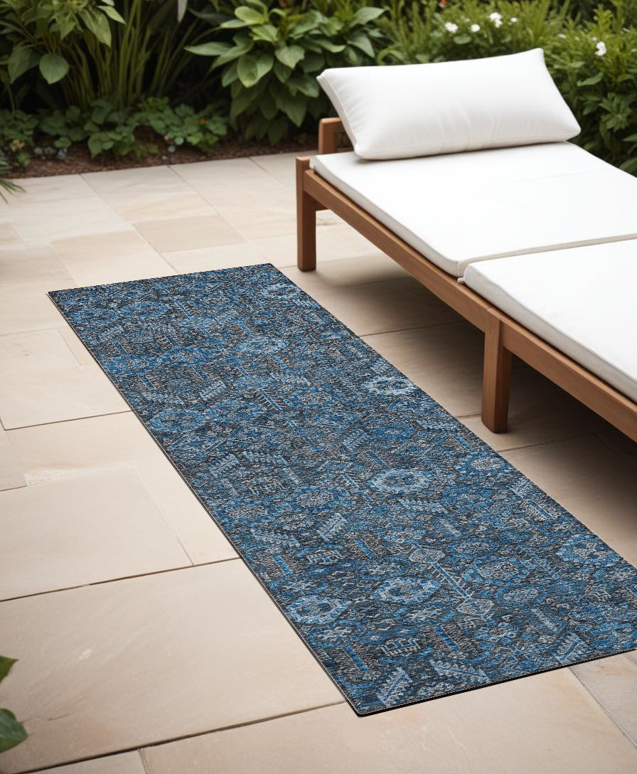 8 Runner Blue and Black Floral Washable Non Skid Indoor Outdoor Runner Rug