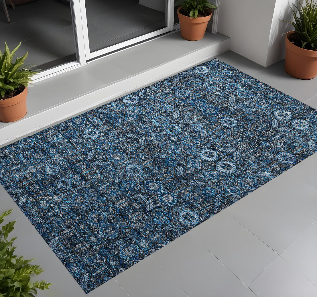 3 X 5 Blue and Black Floral Washable Non Skid Indoor Outdoor Area Rug