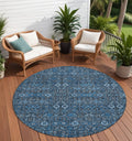 8 Round Blue and Black Round Floral Washable Non Skid Indoor Outdoor Area Rug