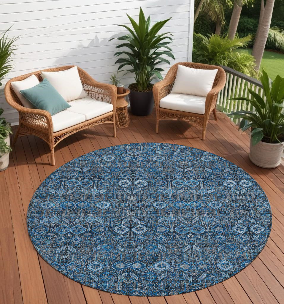 8 Round Blue and Black Round Floral Washable Non Skid Indoor Outdoor Area Rug