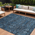 10 X 14 Blue and Black Floral Washable Non Skid Indoor Outdoor Area Rug