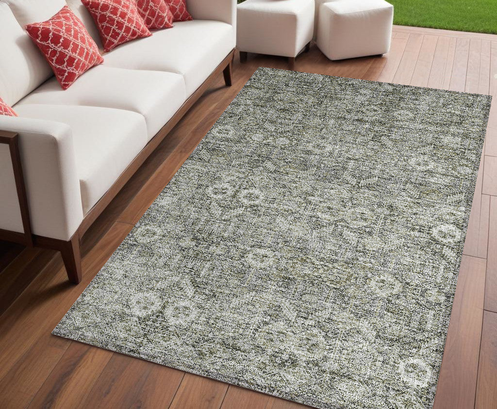 5 X 8 Cream and Tan Floral Washable Non Skid Indoor Outdoor Area Rug