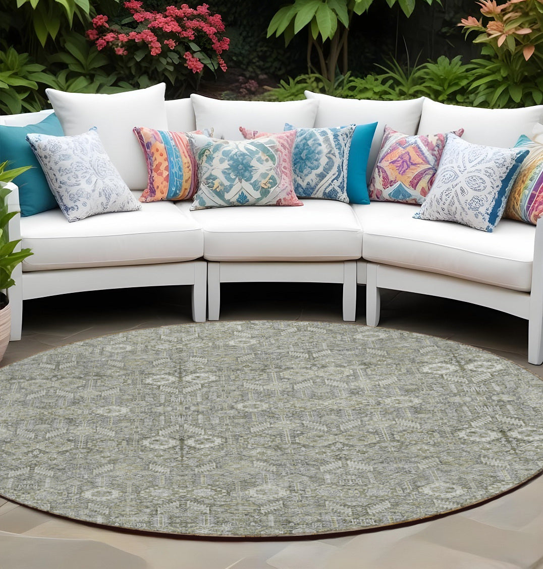 8 Round Cream and Tan Round Floral Washable Non Skid Indoor Outdoor Area Rug