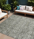 9 X 12 Cream and Tan Floral Washable Non Skid Indoor Outdoor Area Rug