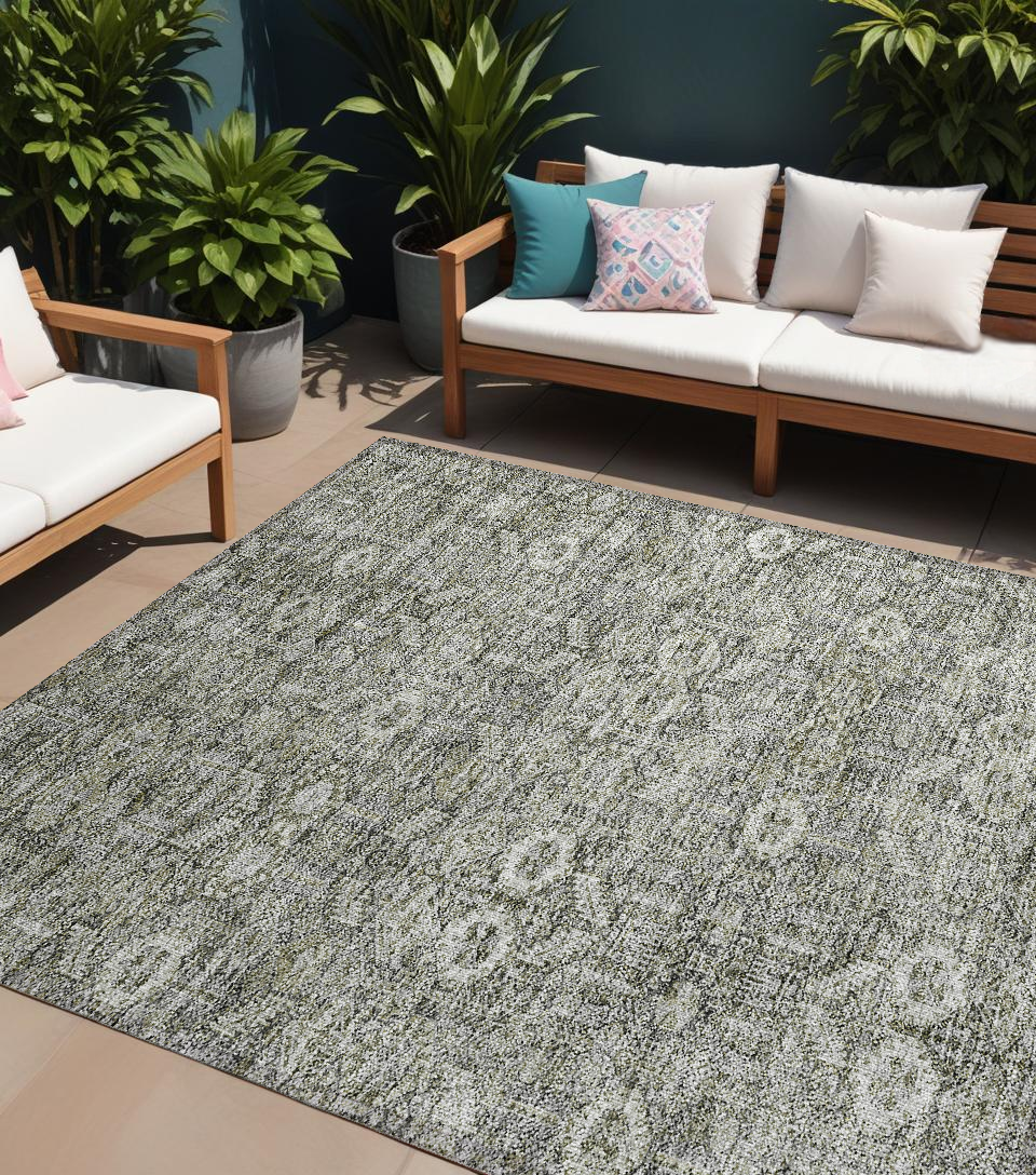9 X 12 Cream and Tan Floral Washable Non Skid Indoor Outdoor Area Rug