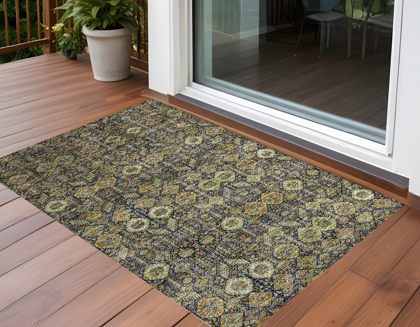 2 X 3 Blue and Orange Floral Washable Non Skid Indoor Outdoor Area Rug