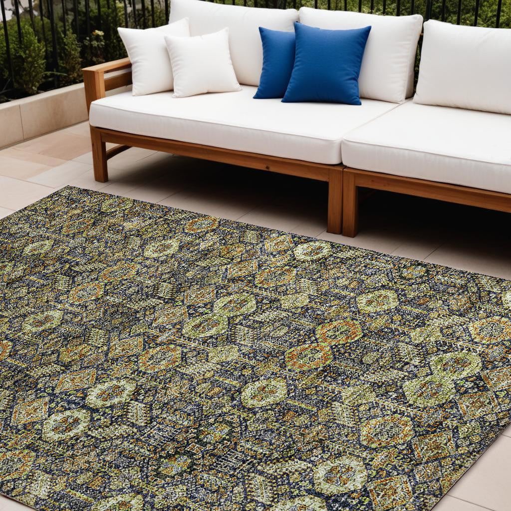 10 X 14 Blue and Orange Floral Washable Non Skid Indoor Outdoor Area Rug
