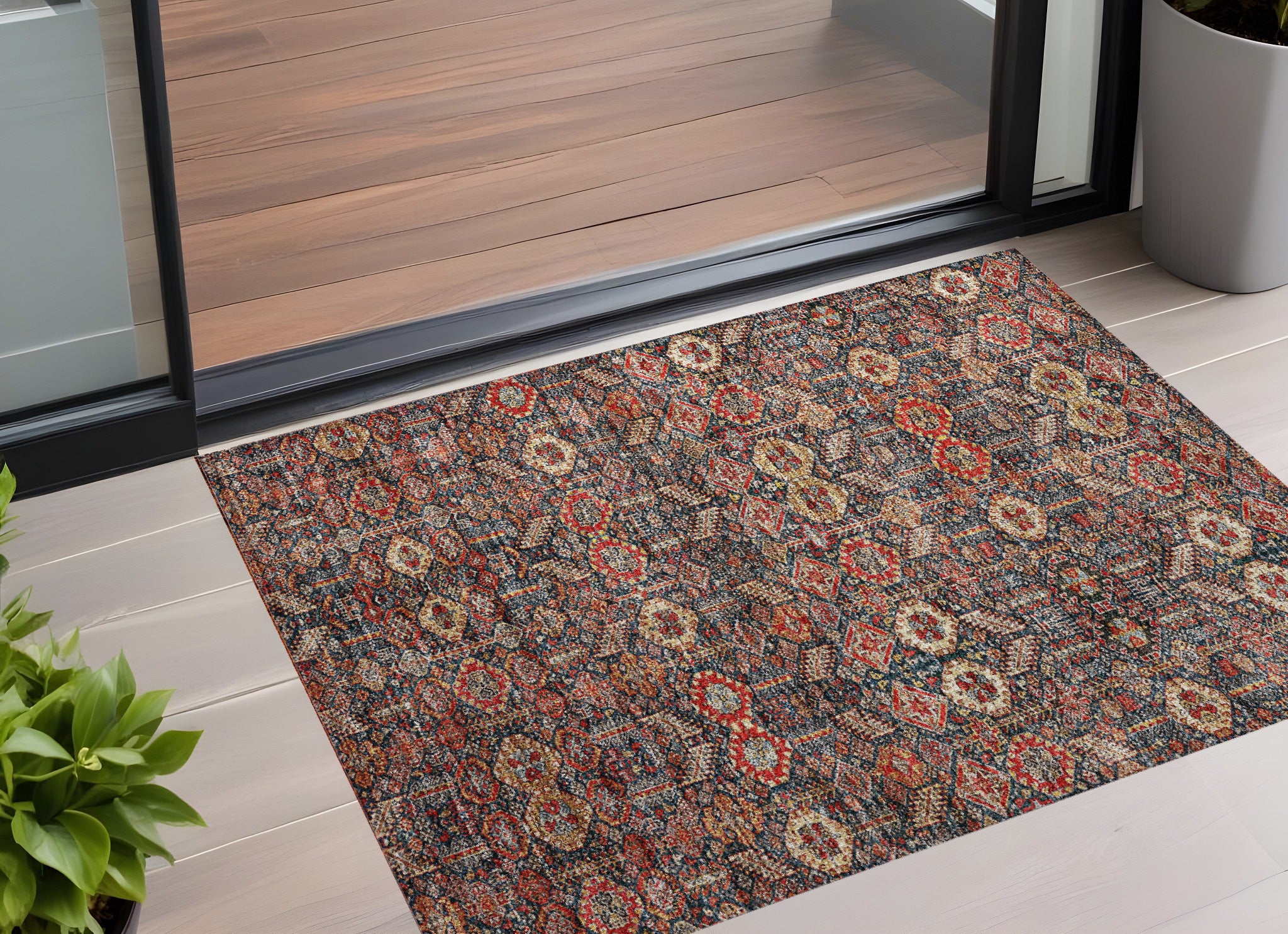 2 X 3 Red and Dark Blue Floral Washable Non Skid Indoor Outdoor Area Rug