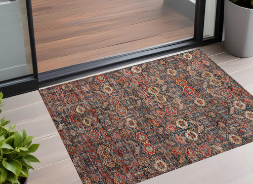 2 X 3 Red and Dark Blue Floral Washable Non Skid Indoor Outdoor Area Rug