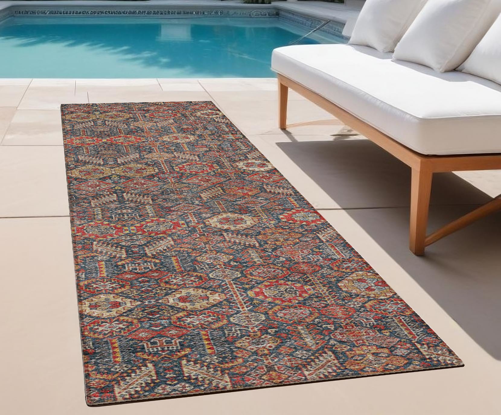 8 Runner Red and Dark Blue Floral Washable Non Skid Indoor Outdoor Runner Rug