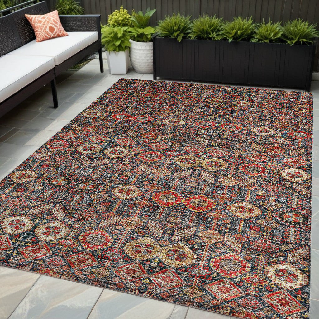 5 X 8 Red and Dark Blue Floral Washable Non Skid Indoor Outdoor Area Rug