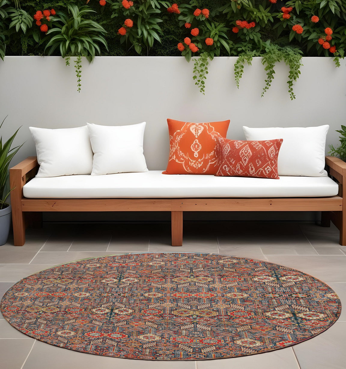 8 Round Red and Dark Blue Round Floral Washable Non Skid Indoor Outdoor Area Rug